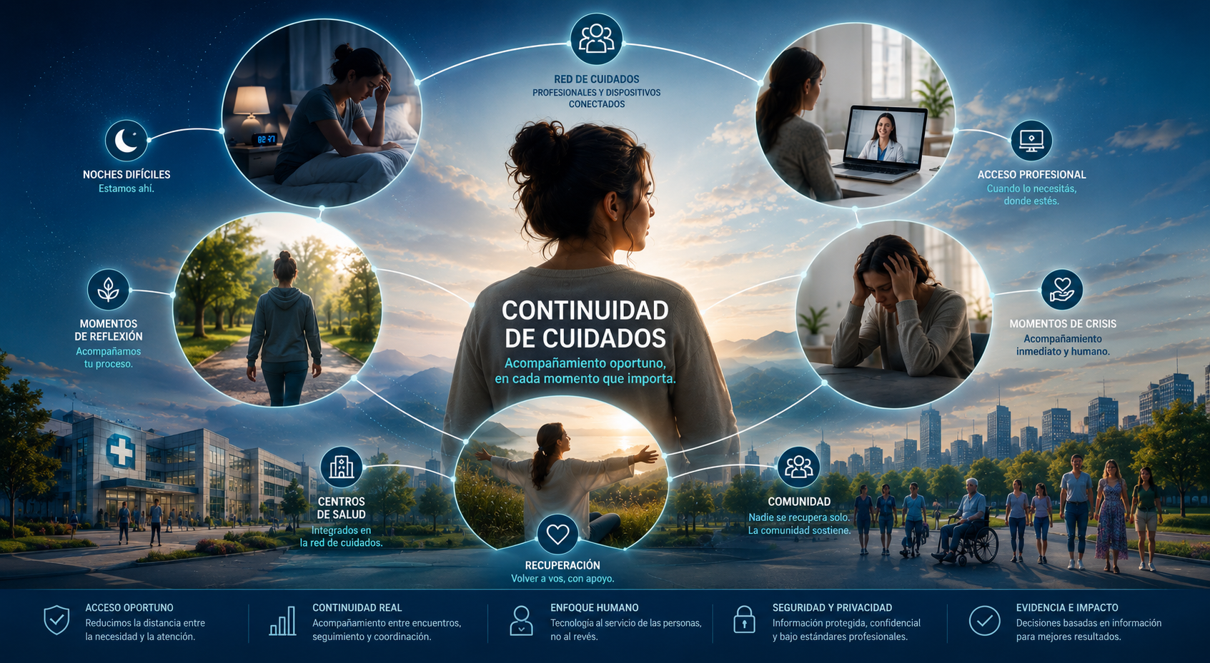 Persona conectada con escenas de acompañamiento, videollamada profesional, crisis, recuperación, comunidad y centros de salud