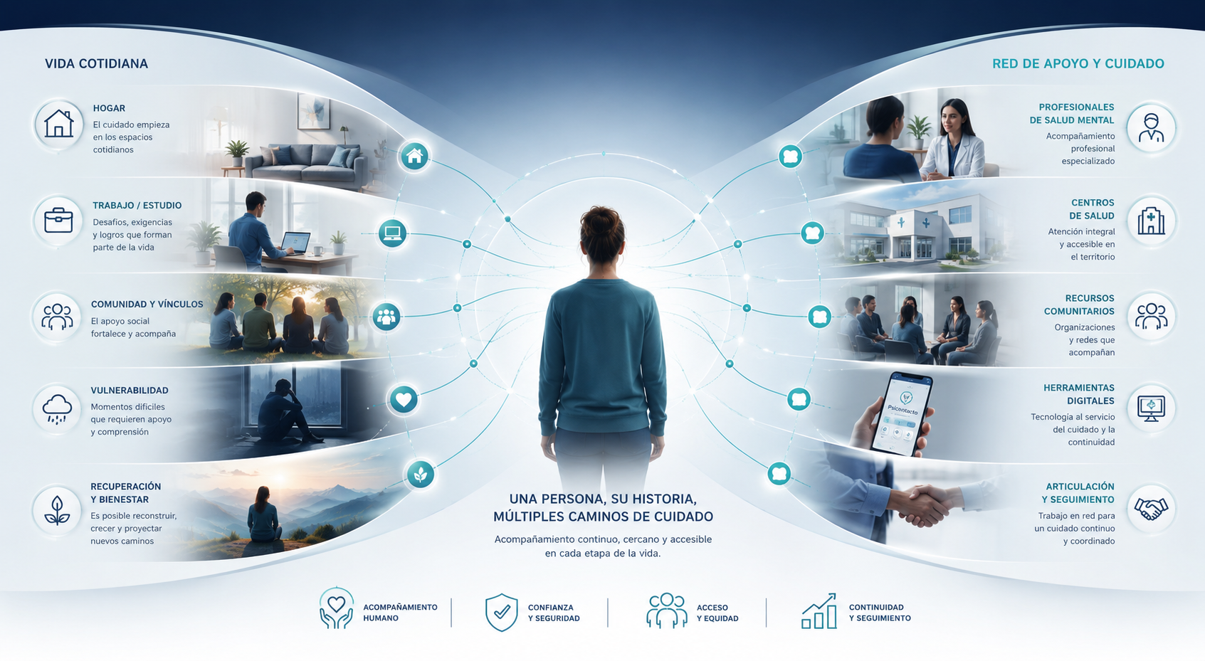 Persona en el centro conectada con vida cotidiana, profesionales, centros de salud, recursos comunitarios y herramientas digitales