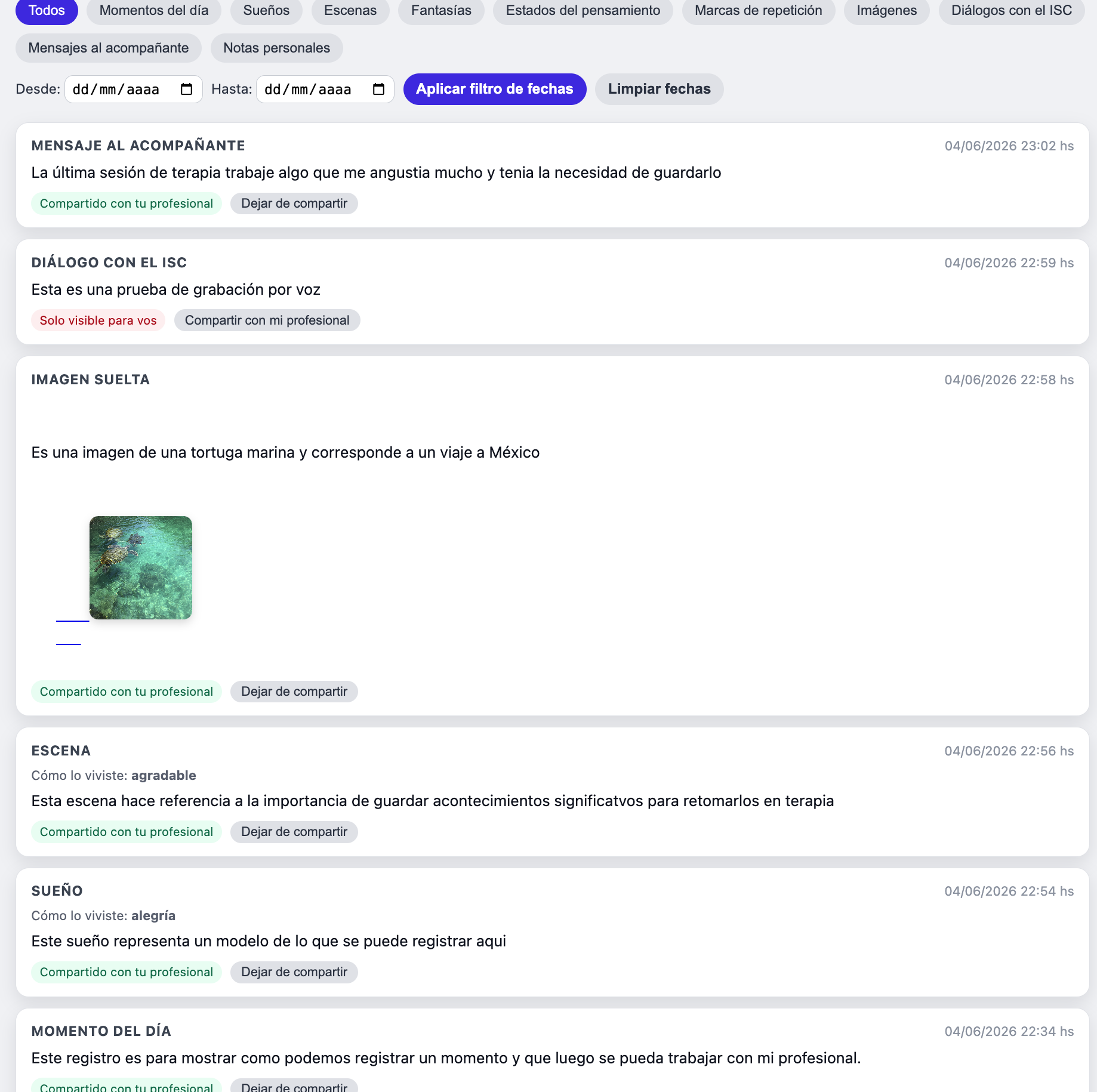 Historial del paciente con registros, imagen, escena, sueño y diálogo
