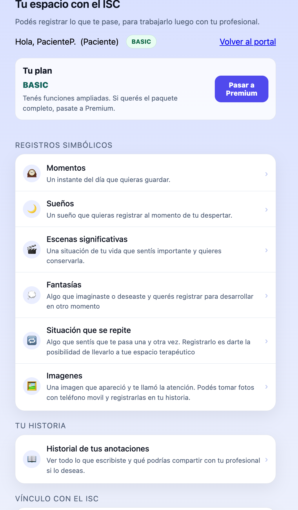 Portal paciente del ISC con registros simbólicos