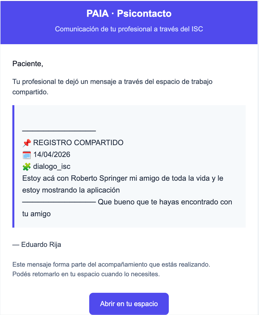 Mensaje real del profesional al paciente